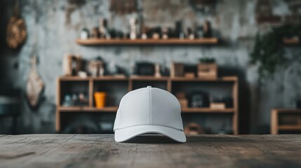 White cap on wooden table, rustic background