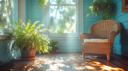 Sunny porch with wicker chair and ferns