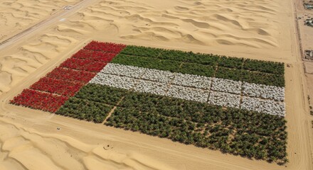 Obraz premium Aerial view of a desert plantation forming the colors of the UAE flag with native vegetation