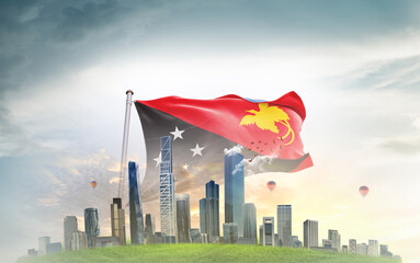 Papua New Guinea national flag wavering with modern building skyline. Country showing stronger and...