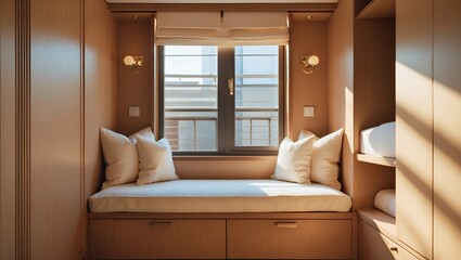 A cozy and sunlit window seat nook with comfortable cushions and pillows, creating a peaceful and relaxing spot for reading in a modern home