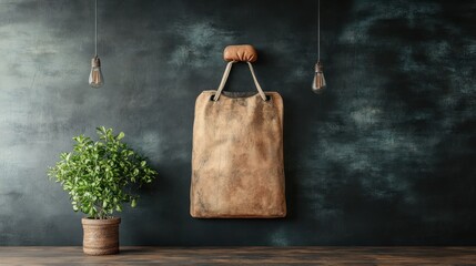 Rustic, Hanging Bag Against Dark Wall