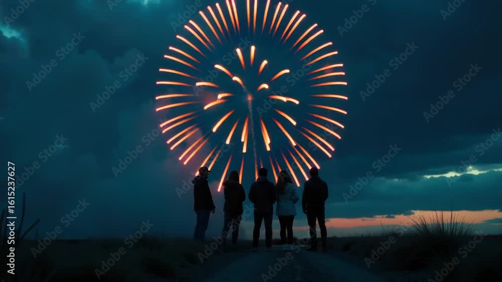 Poster a group of people watching the colorful explosion of a firework, perfect for capturing memories or a