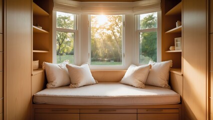 A cozy and sunlit window seat nook with comfortable cushions and pillows, creating a peaceful and relaxing spot for reading in a modern home