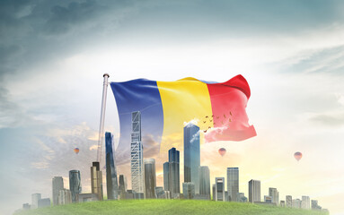 Romania national flag wavering with modern building skyline. Country showing stronger and prosperity. Flag key visual. Romania national flag for independence day.