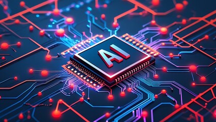 Futuristic ai microchip with glowing circuits and data streams