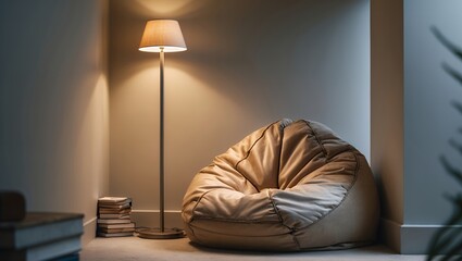 A cozy reading nook featuring a comfortable beige beanbag chair nestled in an alcove with a classic floor lamp providing warm, ambient light