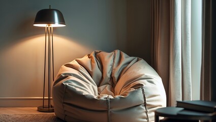 A cozy reading nook featuring a comfortable beige beanbag chair nestled in an alcove with a classic floor lamp providing warm, ambient light