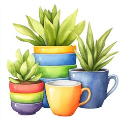 Colorful Succulents in Stacked Pots and Mugs Watercolor Illustration