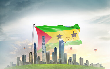 Sao Tome and Principe national flag wavering with modern building skyline. Country showing stronger...