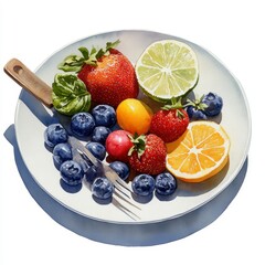 Colorful Summer Fruit Still Life Strawberries, Blueberries and Citrus on White Plate