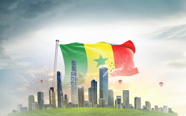 Senegal national flag wavering with modern building skyline. Country showing stronger and...