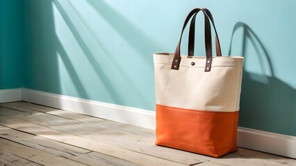 Stylish Two Tone Canvas Tote Bag with Leather Handles Against a Turquoise Wall Backdrop