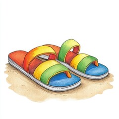 Colorful Summer Sandals on Sandy Beach Watercolor Illustration