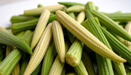 Fresh pile of green and yellow baby corn, ready for cooking and eating