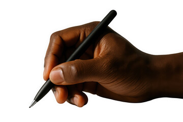 A close-up of a Black male hand holding a sleek black pen, ready to write on a blank surface.