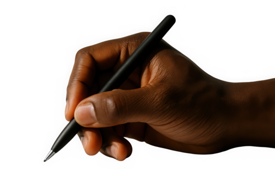 A close-up of a Black male hand holding a sleek black pen, ready to write on a blank surface. - Powered by Adobe