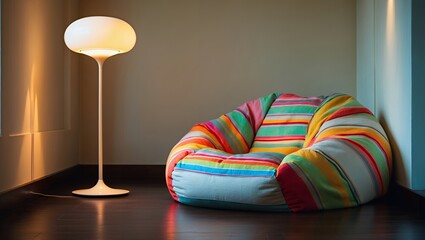 A cozy and comfortable reading nook in the corner of a room with a colorful striped beanbag chair and a warm glowing floor lamp