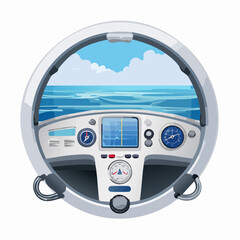 Fototapeta premium Detailed Illustration of a Boat's Dashboard with Ocean View and Blue Sky.