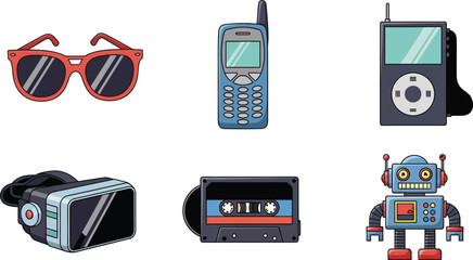 Retro technology icons: sunglasses, cell phone, MP3 player, VR headset, cassette tape, robot.