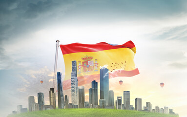 Spain national flag wavering with modern building skyline. Country showing stronger and prosperity....