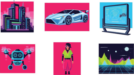 Futuristic cityscapes, advanced technology, and stylish characters depicted in vibrant, retro-futuristic vector art.