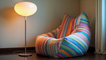 A cozy and comfortable reading nook in the corner of a room with a colorful striped beanbag chair and a warm glowing floor lamp