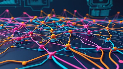 Abstract digital network of glowing nodes and connections representing artificial intelligence and data flow