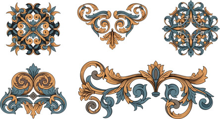 Elegant collection of ornate, vintage-style, decorative floral and leaf motifs.