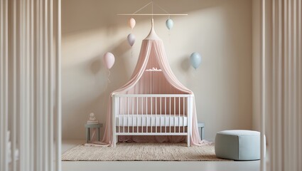 A beautifully decorated baby nursery room with a white crib, pink canopy, and pastel balloons for a baby shower celebration or a newborn's welcome home party