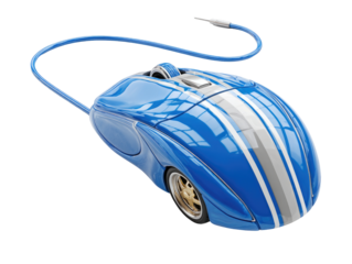 A futuristic, blue computer mouse, styled like a racing car, with a silver stripe design.  The cable is long and coiled