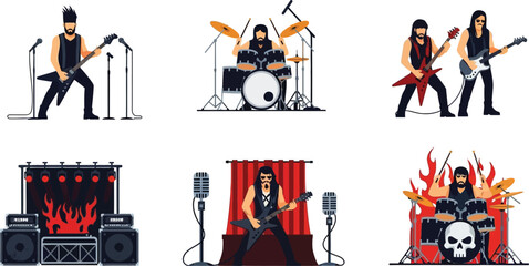 Heavy metal band performing on stage, showcasing guitarists, drummer, and fiery stage design.