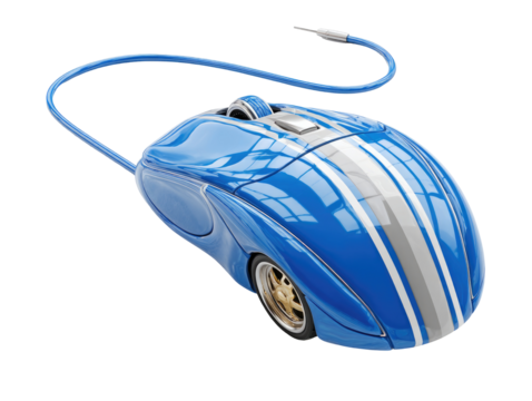 A futuristic, blue computer mouse, styled like a racing car, with a silver stripe design.  The cable is long and coiled