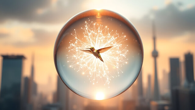 A vibrant hummingbird within a luminous data sphere symbolizes nature's integration with futuristic technology amidst a city skyline.