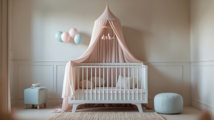 A beautifully decorated baby nursery room with a white crib, pink canopy, and pastel balloons for a baby shower celebration or a newborn's welcome home party