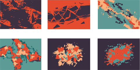 Abstract geometric compositions featuring fragmented shapes and varied color palettes.