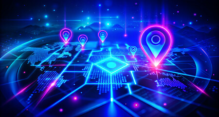 Photo of a digital world map glows with location pins