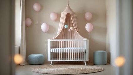 A beautifully decorated baby nursery room with a white crib, pink canopy, and pastel balloons for a baby shower celebration or a newborn's welcome home party