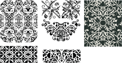 Various detailed black and white ornamental patterns and decorative elements.