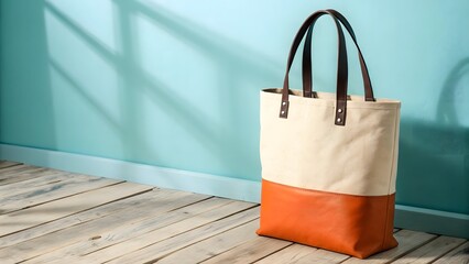 Stylish Two Tone Canvas Tote Bag with Leather Handles Against a Turquoise Wall Backdrop