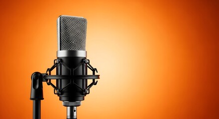 Studio Microphone on a Stand with an Orange Gradient Background for Professional Recording