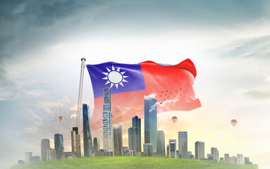 Taiwan national flag wavering with modern building skyline. Country showing stronger and...