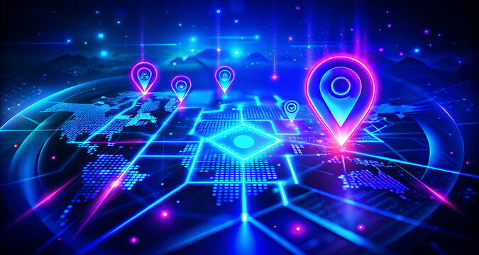 Photo of a digital world map glows with location pins
