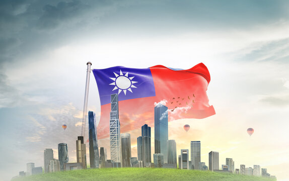 Taiwan national flag wavering with modern building skyline. Country showing stronger and prosperity. Flag key visual. Taiwan national flag for independence day.