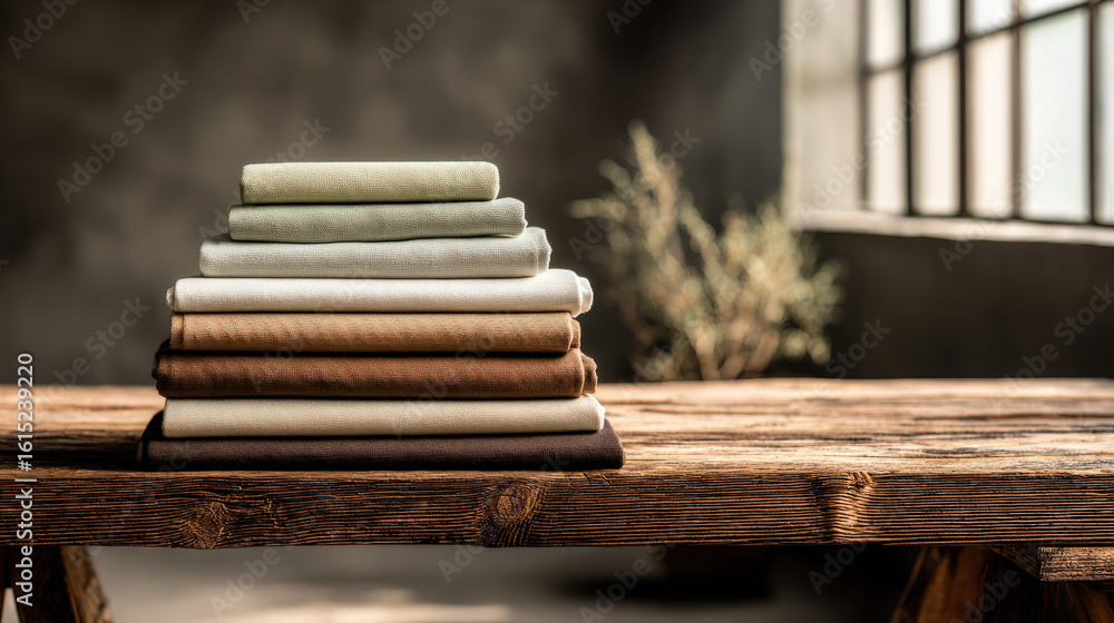 Poster fabric samples stacked on a wooden table create a visually appealing and textured display.