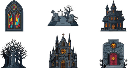 A collection of spooky, illustrated structures and elements for Halloween.