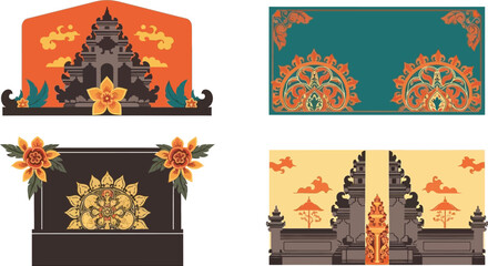 Four vibrant illustrations showcasing Balinese temple architecture and ornate floral designs.