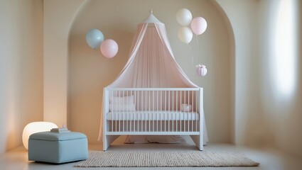 A beautifully decorated baby nursery room with a white crib, pink canopy, and pastel balloons for a baby shower celebration or a newborn's welcome home party