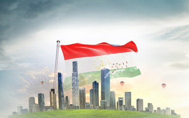 Tajikistan national flag wavering with modern building skyline. Country showing stronger and...