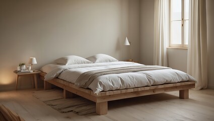 The interior of a modern and minimalist bedroom with a wooden bed, white bedding, and warm lighting creating a calm, cozy, and serene atmosphere
